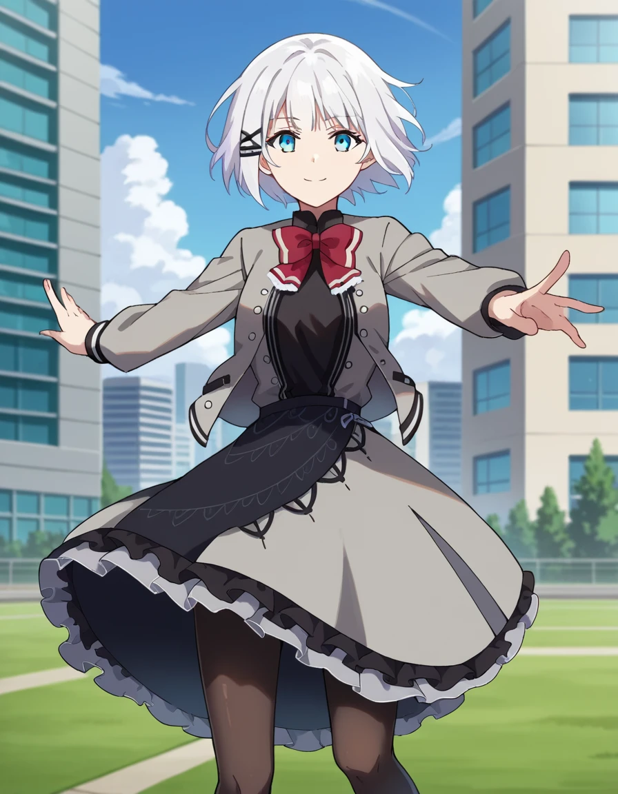 score_9, score_8_up, score_7_up, source_anime,
siesta, <lora:siesta-ponyxl-lora-nochekaiser:1>,
siesta, short hair, bangs, blue eyes, hair ornament, white hair, hairclip, smile,
dress, bow, bowtie, red bow, red bowtie, shirt, long sleeves, jacket, pantyhose, frills, shoes, grey jacket, open clothes, black shirt,
outdoors, cityscape,
looking at viewer, cowboy shot, dynamic pose,