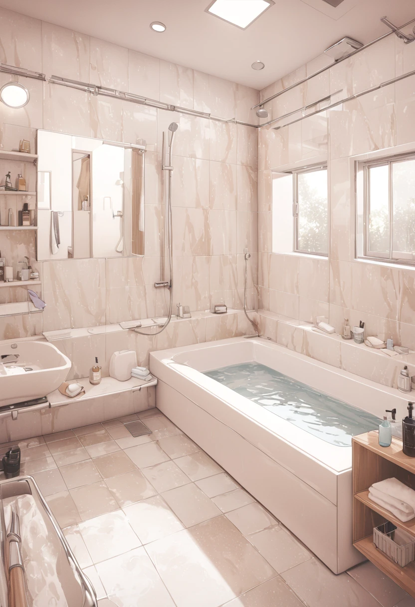 masterpiece, best quality, ultra-detailed, illustration,
JMF, scenery, mirror, bathroom, faucet, indoors, bathtub, soap bottle, reflection, towel, tiles, shower (place), window, tile wall, shower head, bottle, lamp, water,
<lora:JMF_SDXL_V1:0.8>