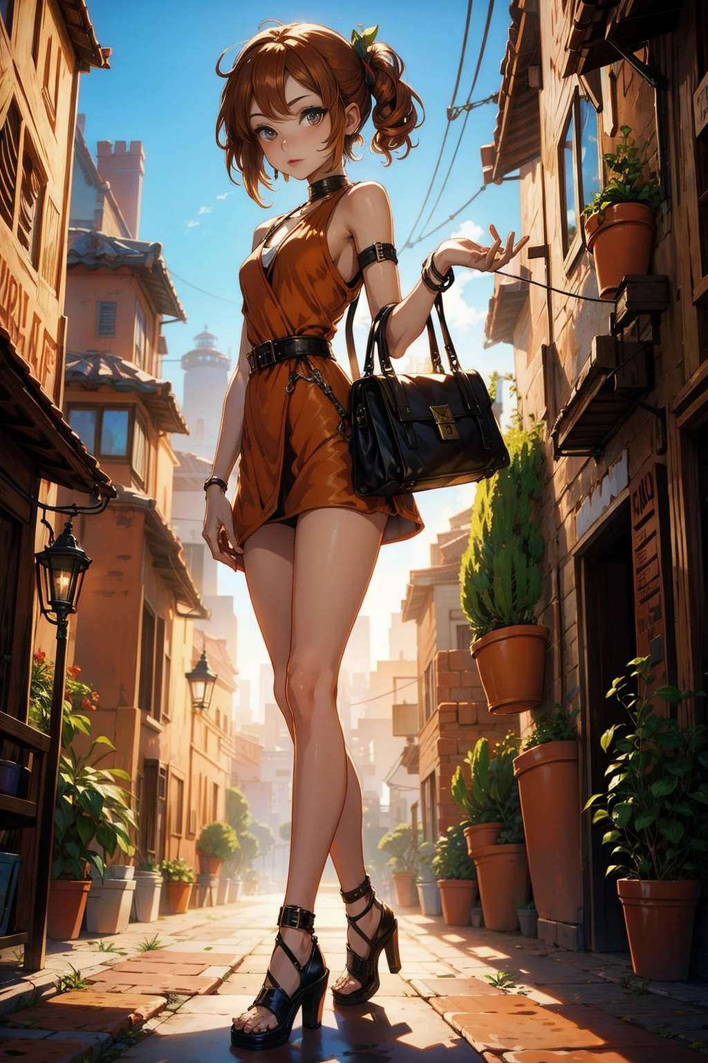 <lora:TerracottaWorld:1> (TerracottaWorld:1.1) 1woman (chibi:1.2) (skinny :1.2)  dress on (cyber city :1.1)