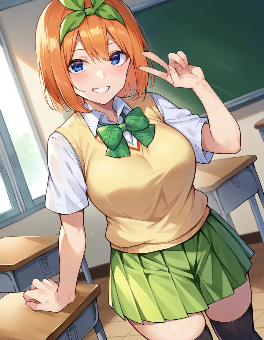 score_9, score_8_up, score_7_up, source_anime,
yotsubanakano, <lora:yotsuba-nakano-pruned-ponyxl-lora-nochekaiser:1>,
yotsuba nakano, bangs, short hair, blue eyes, hair between eyes, hair ribbon, hairband, orange hair, green ribbon, smile, grin, mature female,
skirt, shirt, bow, ribbon, school uniform, white shirt, short sleeves, pleated skirt, shoes, socks, collared shirt, miniskirt, bowtie, black footwear, kneehighs, green skirt, black socks, loafers, green bow, sweater vest, green ribbon, yellow sweater vest,
indoors, classroom,
looking at viewer, cowboy shot, dutch angle,