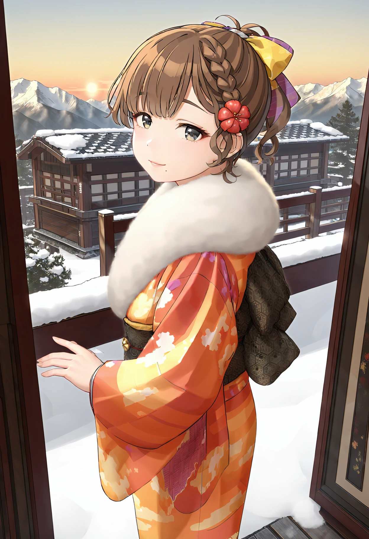 1girl, asahiny, (yuzu modoki), black eyes, brown hair, mole under mouth, multicolored ribbon, hair flower, french braid, short ponytail, alternate hairstyle, furisode, (print kimono), fur scarf, fur-trimmed kimono, black obi, looking back, natural lighting, (masterpiece, best quality), outdoors, snow, from above, detailed scenery, sunrise, mountainous horizon, (3d render:0.2), highly detailed, finely detailed, light smile, <lora:asahi_animaginexl_3-09:1>