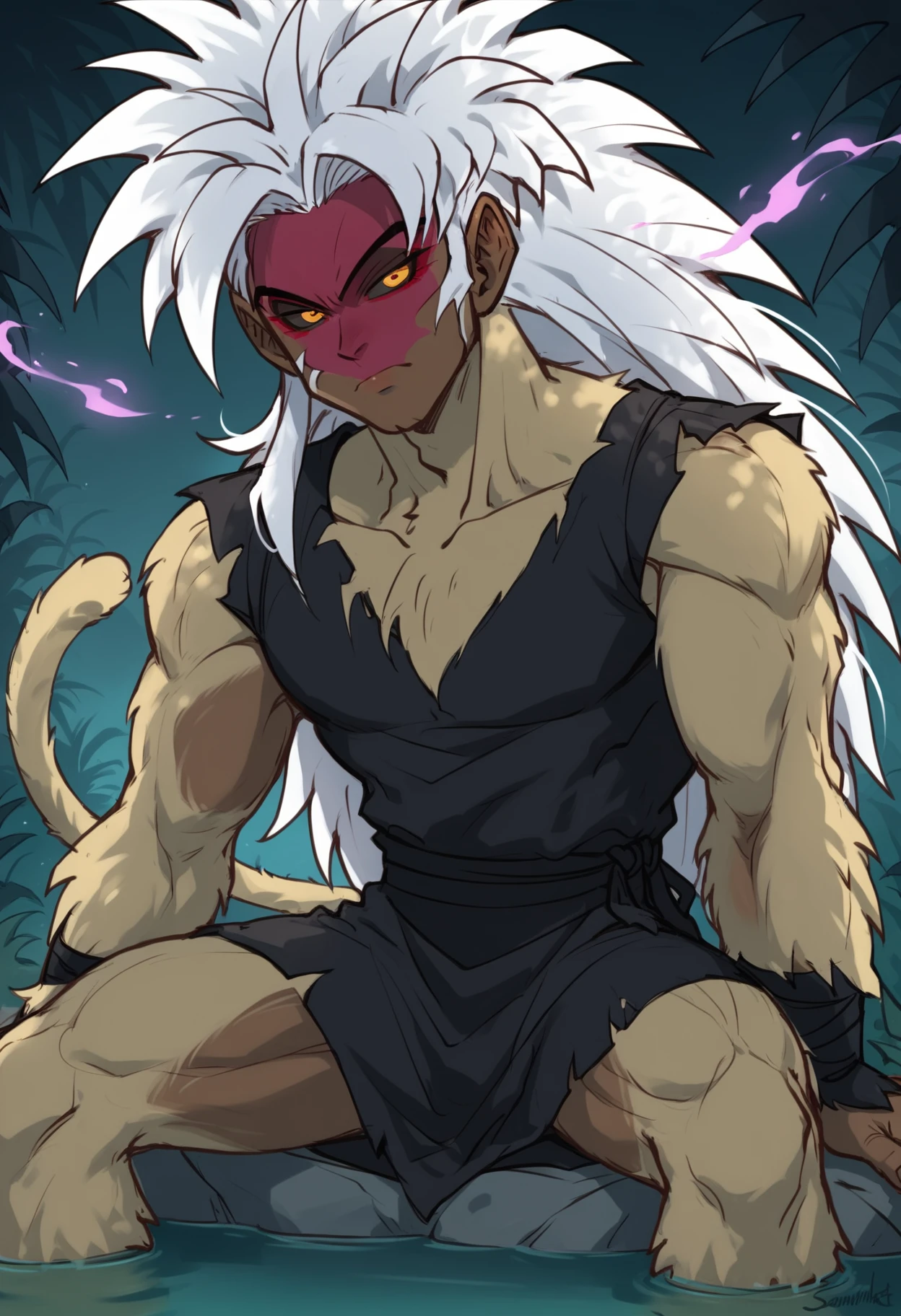 (score_9, score_8_up), score_7_up, score_6_up, score_5_up, score_4_up, Sento Saiyan, body fur, blonde fur, dark skin, dark-skinned, white hair, yellow eyes, black sclera, blonde monkey tail, red facepaint, 1boy, long hair, white hair, half-closed eyes, sitting, sitting on rock, outdoors, jungle, night, dappled moonlight, black tunic, black robe, purple aura, menacing aura, evil aura <lora:Smooth Anime Style LoRA XL:0.7> <lora:Sento_Saiyans_XL:0.9>