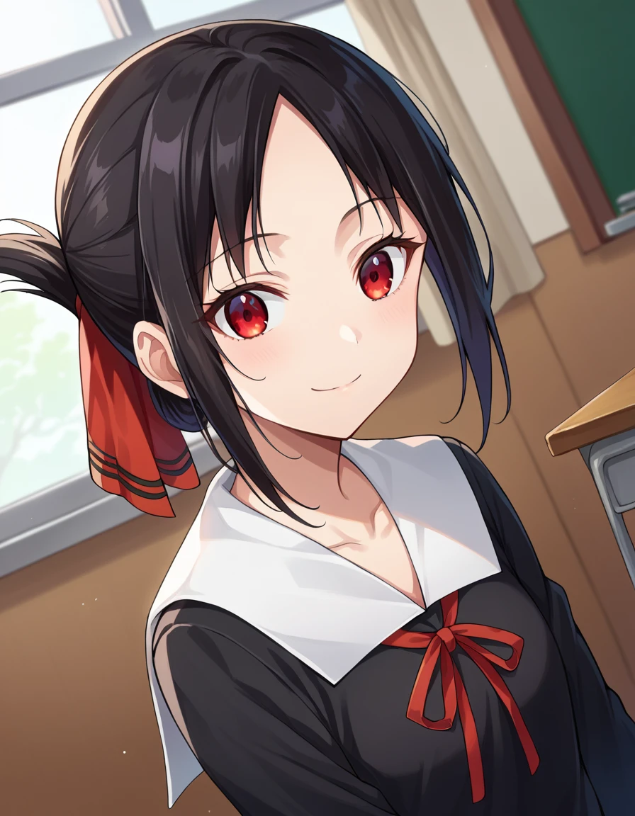 score_9, score_8_up, score_7_up, source_anime,
kaguyashinomiya, <lora:kaguya-shinomiya-ponyxl-lora-nochekaiser:1>,
kaguya shinomiya, short hair, bangs, black hair, red eyes, hair ribbon, sidelocks, folded ponytail, parted bangs, smile,
long sleeves, dress, ribbon, school uniform, collarbone, black dress, sailor collar, white sailor collar, red ribbon, neck ribbon, shuuchiin academy school uniform,
indoors, classroom,
looking at viewer, cowboy shot, dutch angle,