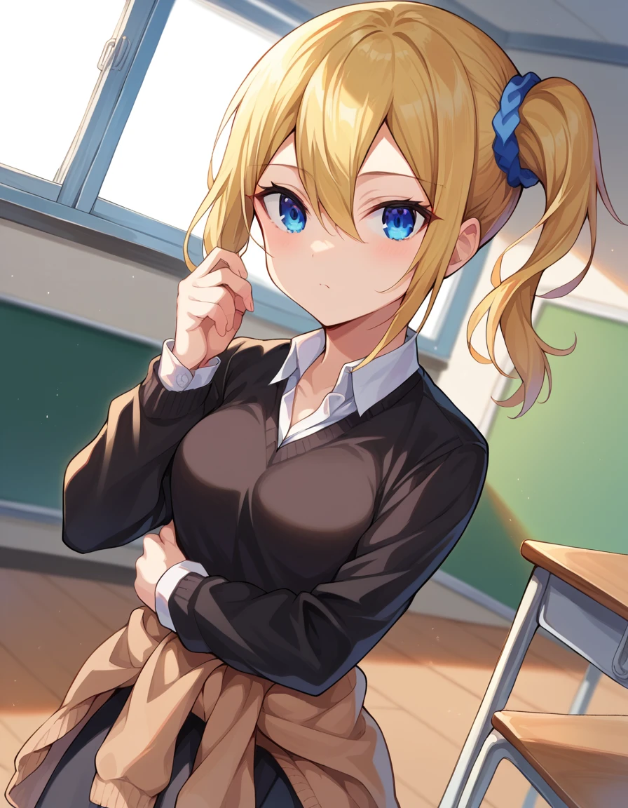 score_9, score_8_up, score_7_up, source_anime,
aihayasaka, <lora:ai-hayasaka-ponyxl-lora-nochekaiser:1>,
ai hayasaka, bangs, blue eyes, blonde hair, hair ornament, hair between eyes, sidelocks, side ponytail, scrunchie, hair scrunchie, blue scrunchie,
shirt, long sleeves, school uniform, shoes, socks, sweater, cardigan, black socks, clothes around waist, shuuchiin academy school uniform, sweater around waist, cardigan around waist,
indoors, classroom,
looking at viewer, cowboy shot, dutch angle,