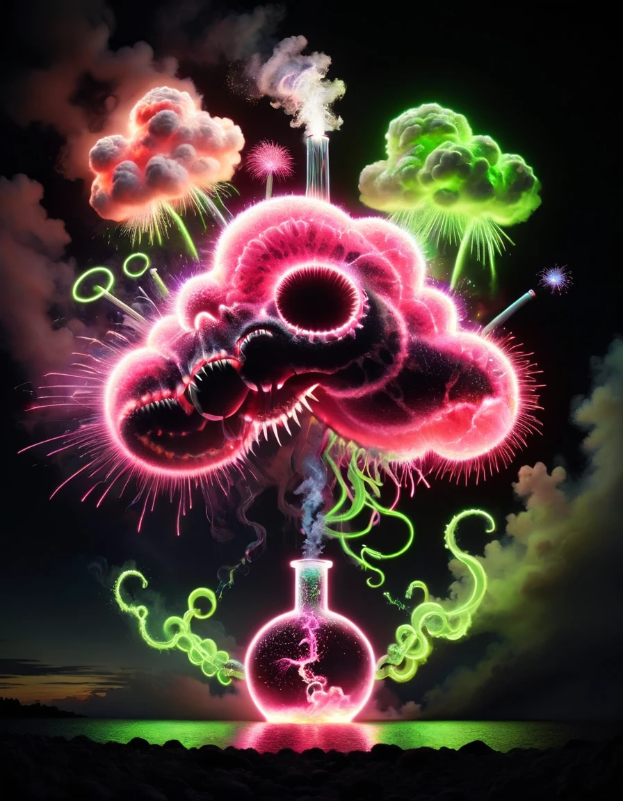 natural alchemists dur to venom knowledge, neon pink and lime flasks spew a poisonous toxic cloud, black, salmon, twirl <lora:ral-firworx:1> ral-fireworx
