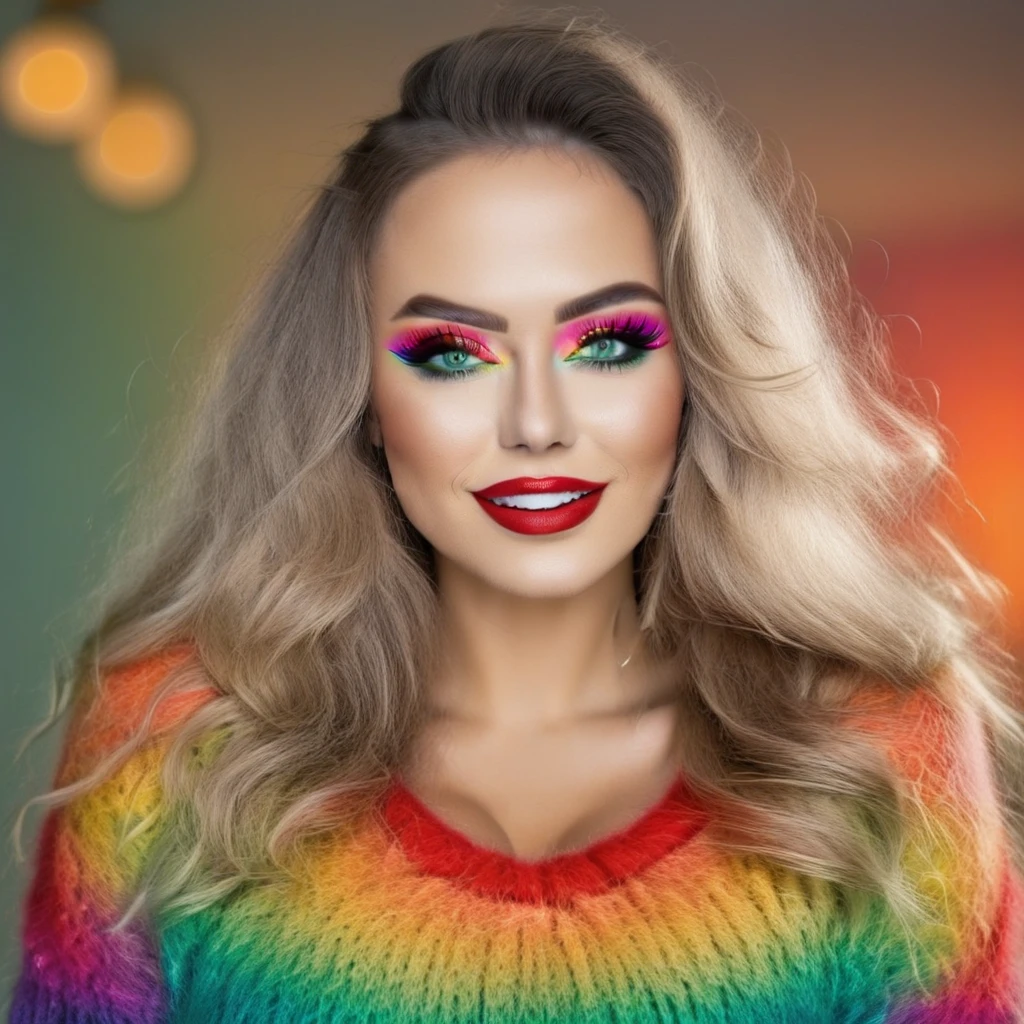 Full body photograph of a beautiful woman, fuzzy mohair sweater, Long hair rainbow colored. Rainbow color clothes. Smoked eye make up. Bold eye liner. Green eyes and red lips. Smiling and showing white teeths. Big boobs