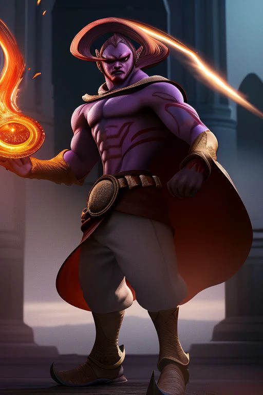 Tall, High quality, nonblurry, male focus, Ultra HD, HDR, 4K, hyperdetailed, smooth lighting, solo, (fully clothed, masterpiece, epic lighting, good shading, studio quality), (Erazor Djinn, light purple skin, cardinal red hair, black sclera, red pupils, muscular, long brown cape, gold armbands, baggy white pants, best_quality, perfect, cinematic lighting, highest quality, intricate details, hdr, cinematic, intense,