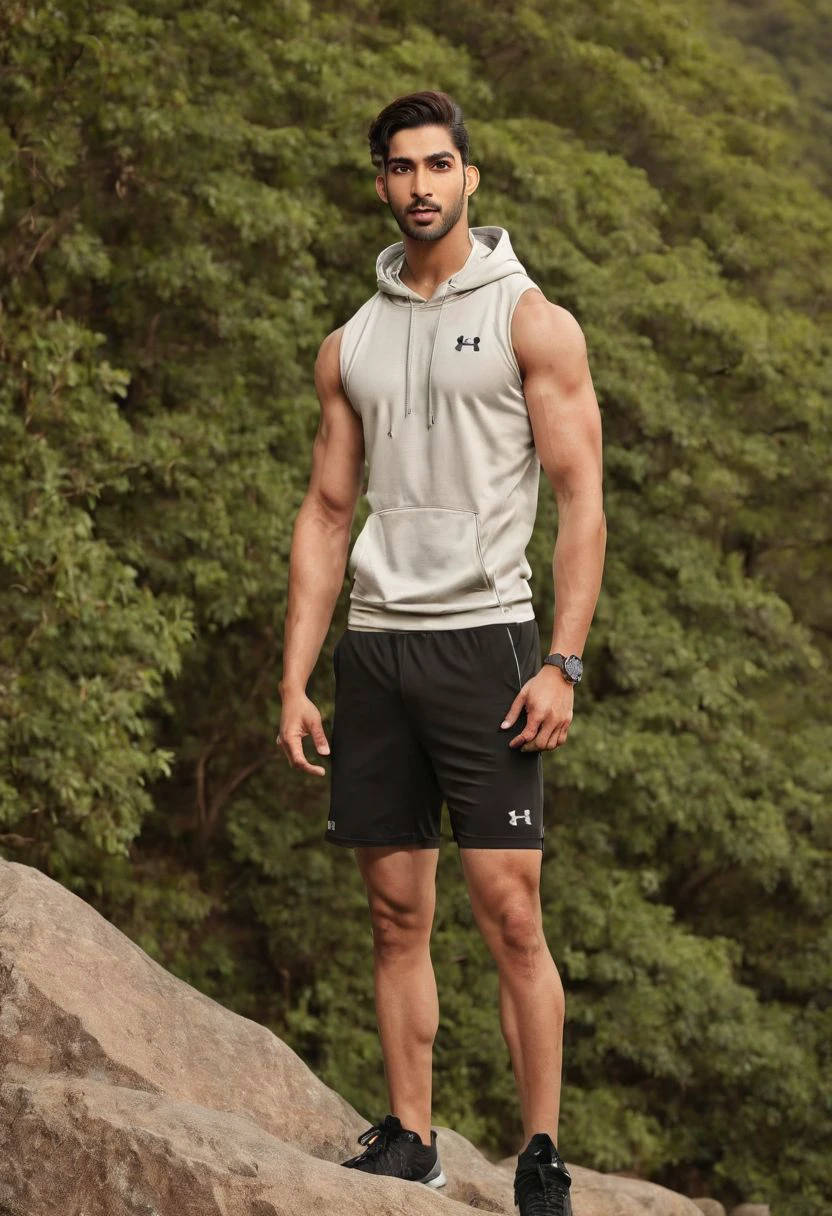 photo of Varun Dhawan a man <lora:Bretfelean-Dylan-Jason_Varun-Dhawan:0.9>, wearing a sleeveless well-fitted under armour hoodie and compression shorts, standing on a boulder, outdoor trail, 35mm photograph, film, bokeh, professional, 4k, highly detailed, creek in the background, natural lighting, golden hour