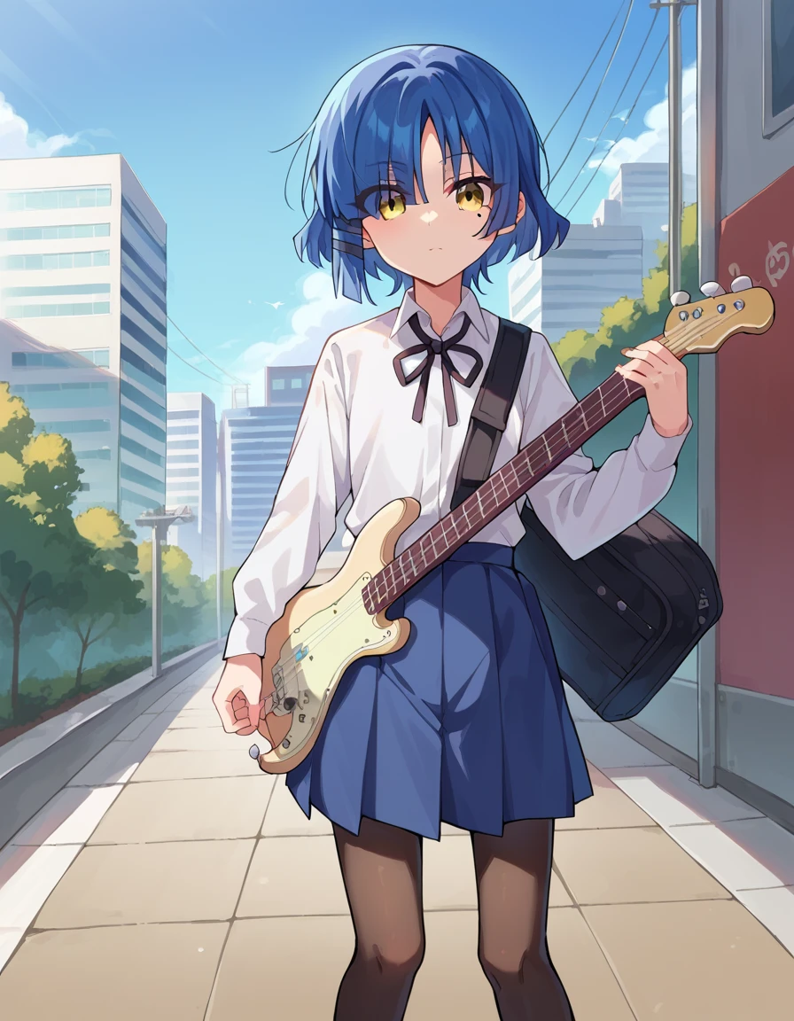 score_9, score_8_up, score_7_up, source_anime,
ryouyamada, <lora:ryou-yamada-ponyxl-lora-nochekaiser:1>,
ryou yamada, blue hair, eyes visible through hair, mole, mole under eye, short hair, yellow eyes, hairclips,
black pantyhose, black ribbon, blue skirt, brown footwear, loafers, long sleeves, pantyhose, ribbon, school uniform, shimokitazawa high school uniform, shirt, shoes, skirt, white shirt,
outdoors, cityscape, guitar, bass, guitar case,
looking at viewer, cowboy shot,