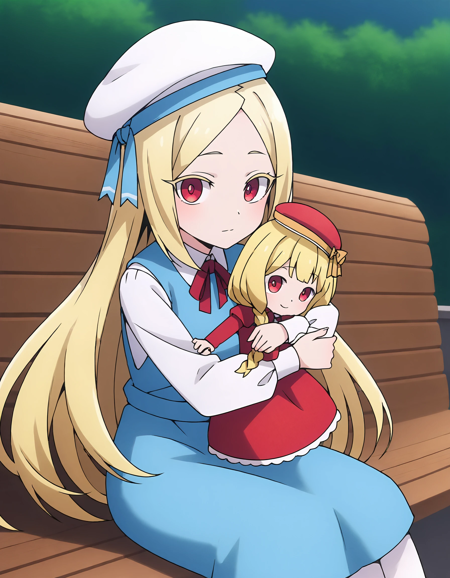 score_9, score_8_up, score_7_up, best quality, a girl sitting on a bench, outdoors, hugging doll, solo, portrait, looking at viewer, wind
mrnkrs, blonde, red eyes, beret, neck ribbon, pinafore dress, shirt, pantyhose, mary janes, 
<lora:morinokurisu_xl_v3_w1:.8>