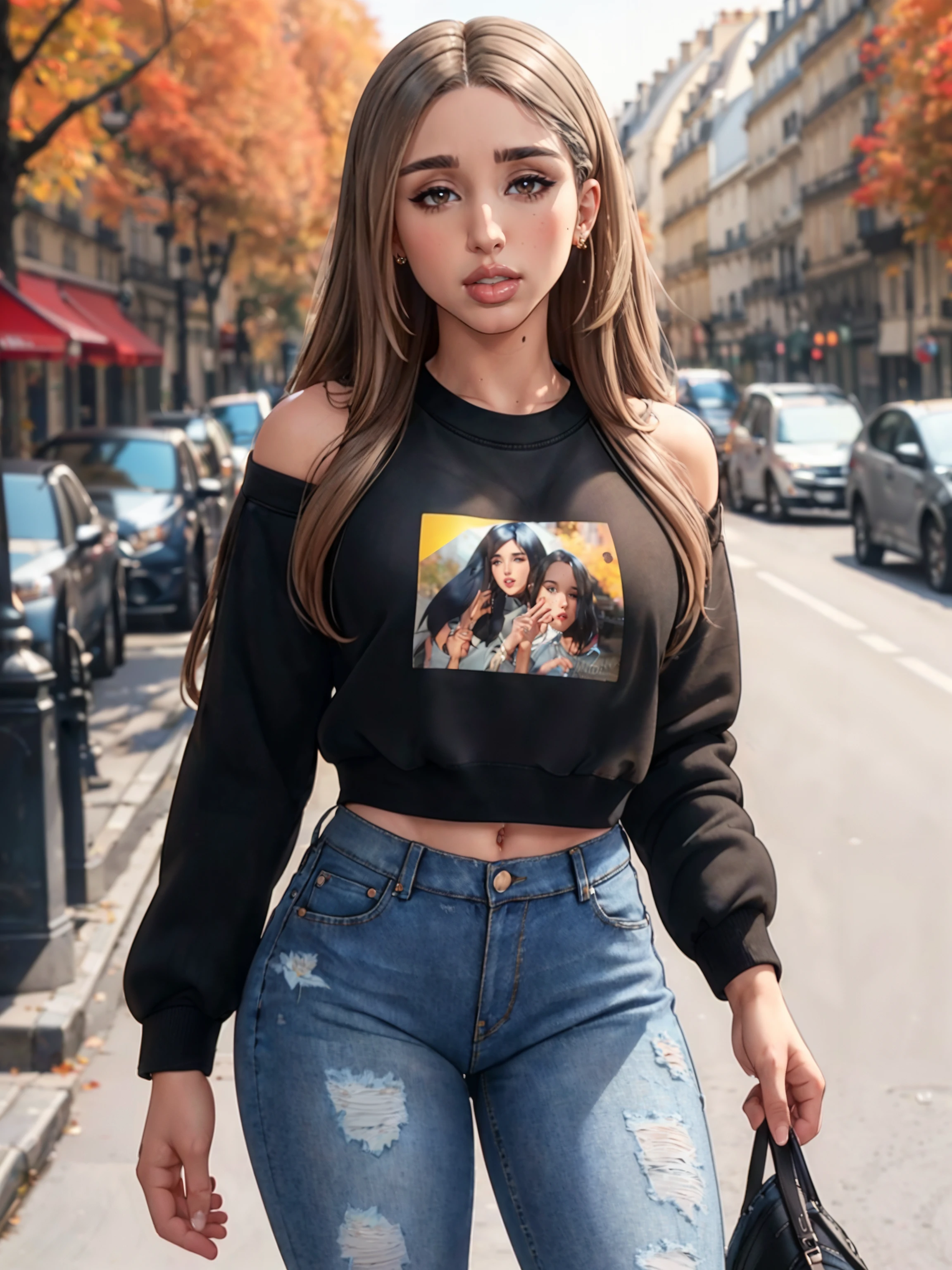 photo of beautiful (block_abedan:0.99), a beautiful woman, long perfect hair, (upper body shot), (wearing crewneck sweatshirt and jeans:1.2), (paris street, autumn:1.2), 70mm, (analog, cinematic, film grain:1.3), ((detailed eyes)), (color picture:1.1), Fujifilm XT3