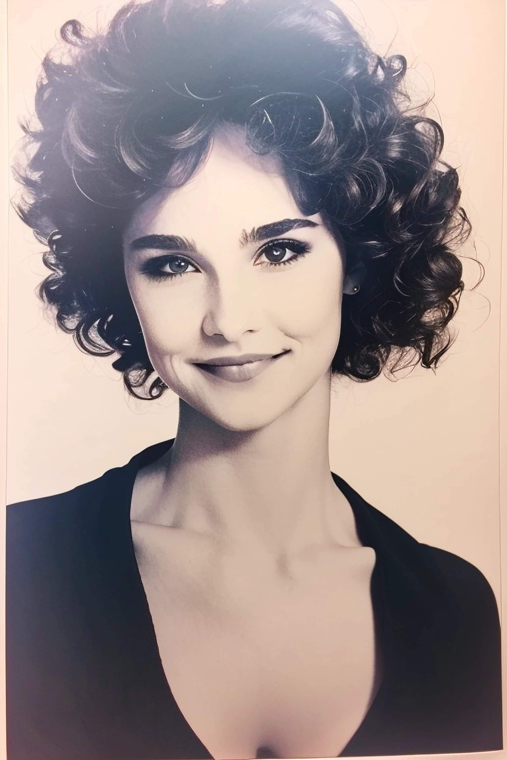 dianefrank, monochrome, 1980's style, portrait, parted lips, hairband, portrait, heavy makeup, photograph, punk aesthetic, realistic, grin, curly bangs, looking at viewer, <skinhairdetail>