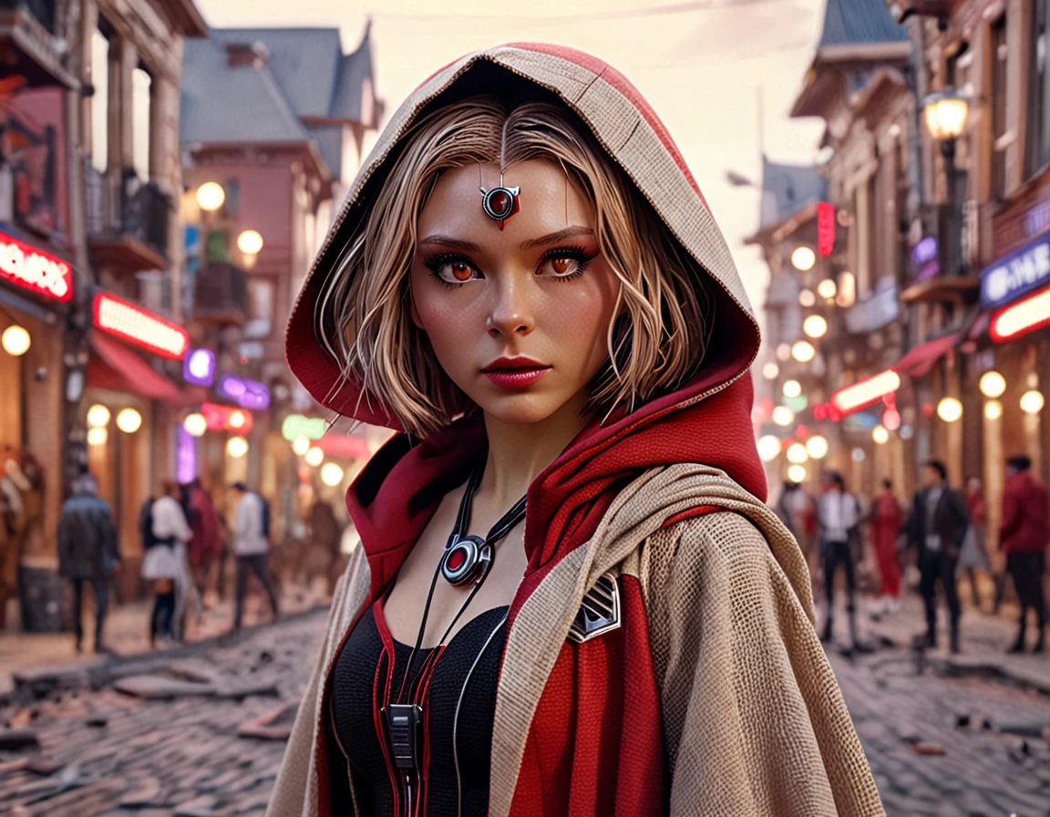 (((masterpiece))) , (((best quality))) , anime style, 2d, well-built charming 1girl, solo, lovely 1girl, ScarletWitch, Romanian cityscape, Charming Sexy tiny Disco Era (flawless 1girl, solo:1.3) as a Star Wars movie Droid character, winking, wearing 1900'S Polish Jute Hoodie, Bob hair, tilt shift, Primitivism Art, natural lighting, Zoom lens, Colorless, key visual, reflective light, chaos magic, she has Shaved sides hair, key visual, 