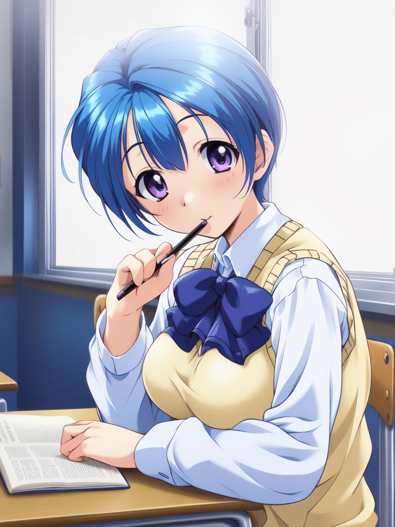 <lora:Hirose_Mariko:0.8>, HiroseMariko, 1girl, solo, purple eyes, short hair, blue hair, school uniform, sweater vest, looking at viewer, long sleeves, desk, bow, book, pencil, shirt, sitting, bowtie, window, indoors, blue bow, school desk, white shirt, blue bowtie, breasts, upper body,
 masterpiece, high quality, very_high_resolution, large_filesize, full color,