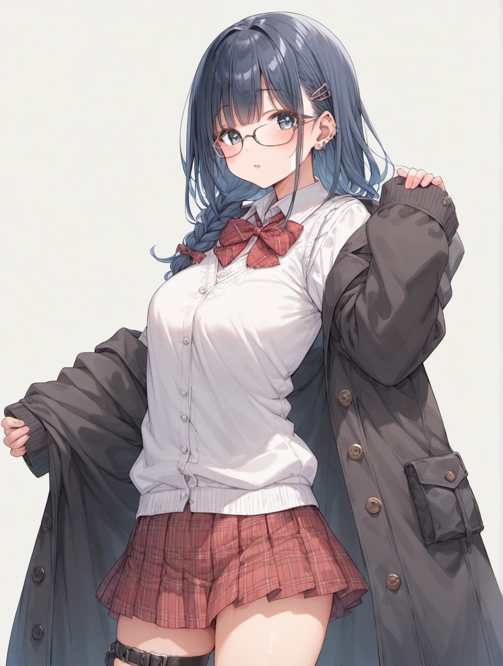 score_9, score_8_up, score_7_up,source_anime,BREAK rating_explicit,uncensored,1girl, blue eyes, blue hair, braid, coat, cowboy shot, ear piercing, eyes visible through hair, glasses, hair ornament, hairclip, hand up, long hair, long sleeves, looking at viewer, mole, mole under eye, piercing, plaid, plaid skirt, pleated skirt, shirt, skirt, sleeves past wrists, solo, sweater vest, thigh strap, white background, white shirt