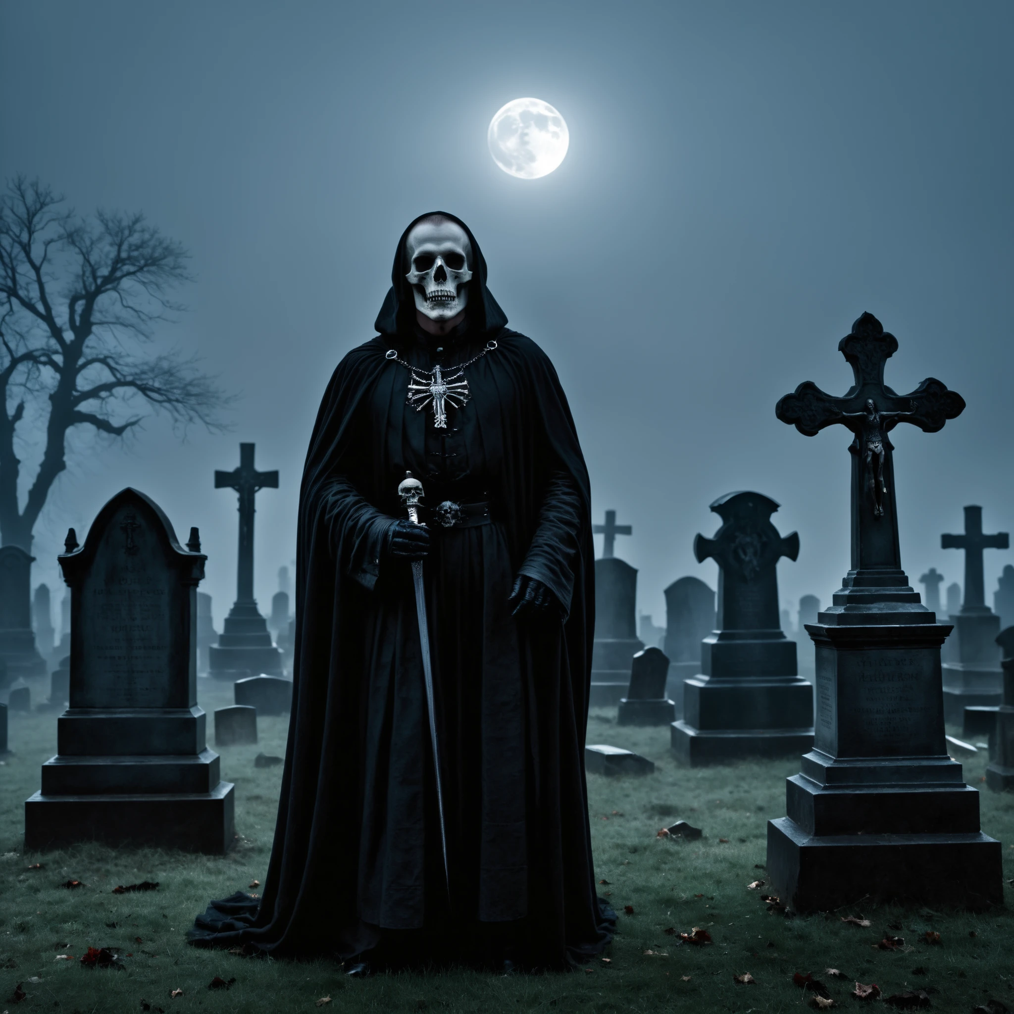 close up scene,(high quality1.2), (masterpiece1.2), (detailed1.4), 32K UHD, Amidst the eerie ambiance of a moonlit pagan cemetery, a gravedigger holds aloft a skull in a professional thigh-up photograph. The skull, weathered and ancient, tells tales of bygone years, while the gravedigger's expression holds secrets of the departed. Behind them, tombstones rise like silent sentinels, their inscriptions faded with time, while wisps of mist cling to the earth like spectral fingers. Using a Nikon Z9 with a spectral ambiance aperture setting (f/2.0), ISO 1800, and a moonlit cemetery backdrop, the photographer captures the essence of mortality with unmatched clarity. The gravedigger's pose is somber, their presence adding to the sense of solemnity, while the depth of the scene adds to the sense of introspection. cinematic, by Shakespeare ,
'Alas Poor Yorick' Hamlet, luminous fog, (black clouds), yellowish weather, ancient cemetery
