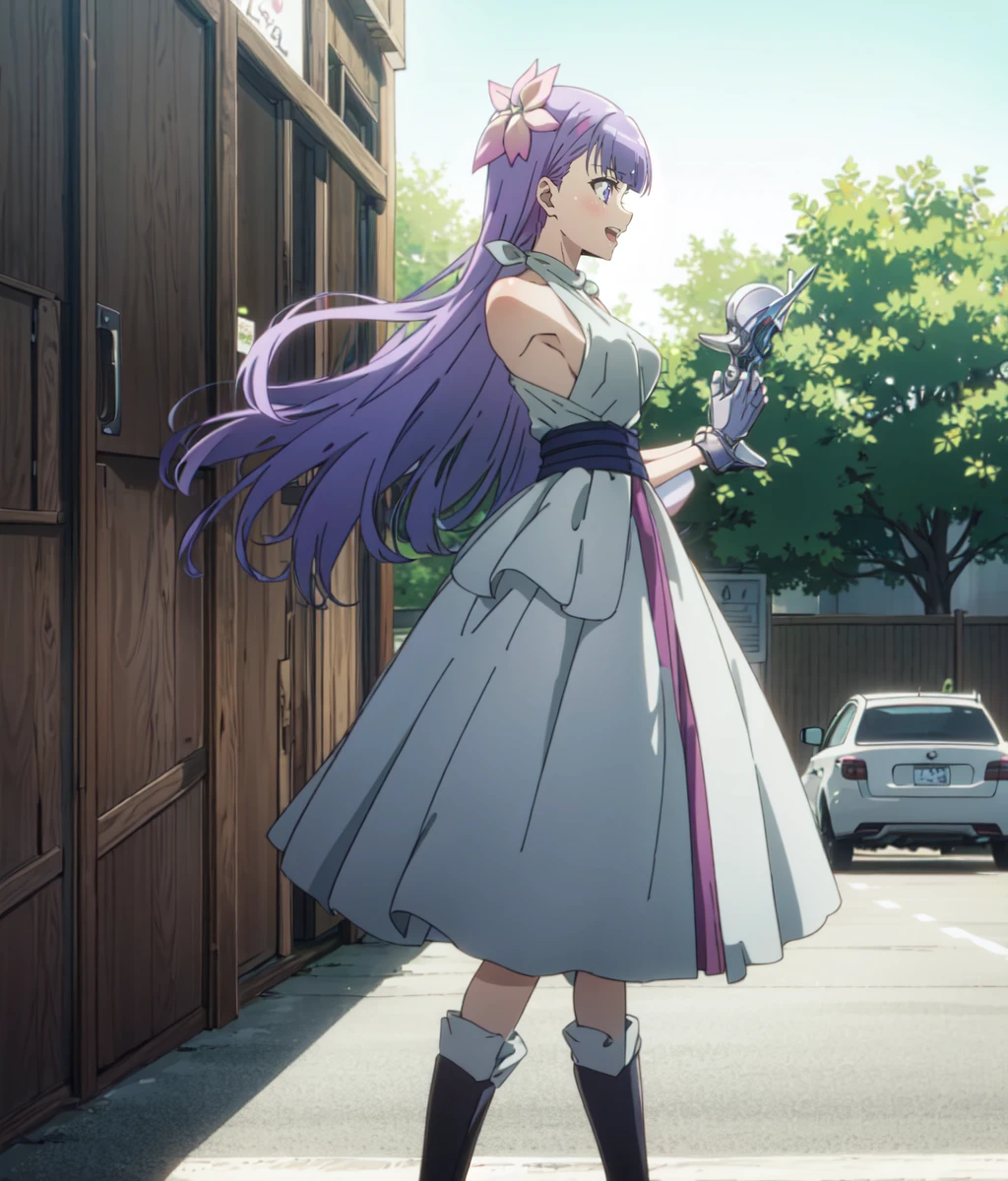 1girl, long hair, purple hair, amputee, hair ornament, mechanical arms, pointing, knitted sweater, bare shoulders, medium breasts, purple eyes, smile, open mouth, from side, looking at viewer, outdoors, park, masterpiece  <lora:Lia 1.5:0.8>, score_9, score_8_up, score_7_up, score_6_up, score_5_up, score_4_up, BREAK source_anime, masterpiece