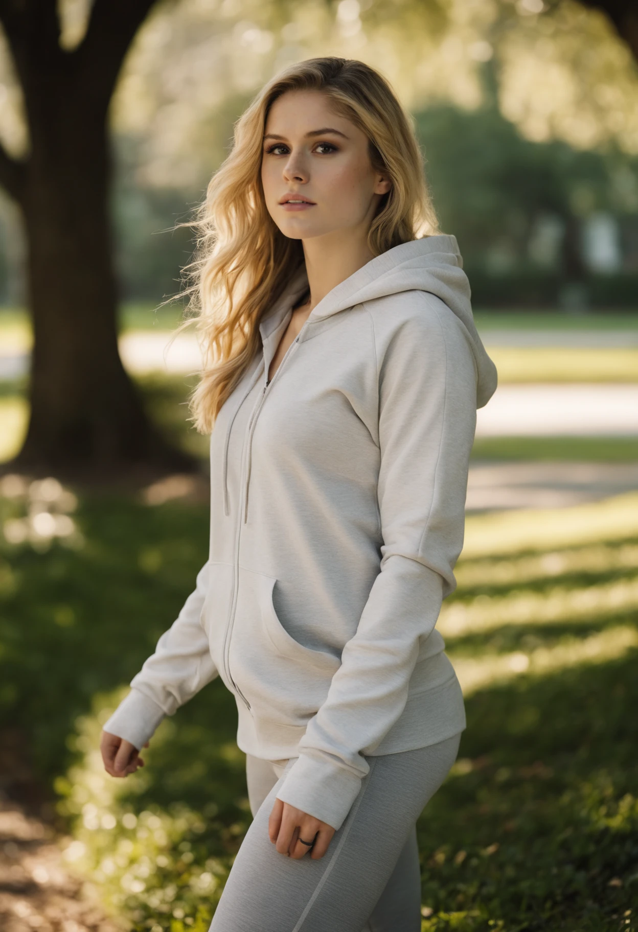 cinematic photography of a beautiful 25 year-old erin_moriarty, jogging in the park wearing leggings and an oversized hoodie, (by Alyssa Monks:1.1), by Joseph Lorusso, by Lilia Alvarado, beautiful lighting, sharp focus, 8k, high res, (pores:0.1), (sweaty:0.8), Masterpiece, Nikon Z9, Award-winning photograph, 35mm photograph, film, bokeh, professional, 4k, highly detailed, <lora:erin_moriarty_sdxl_60:0.8>