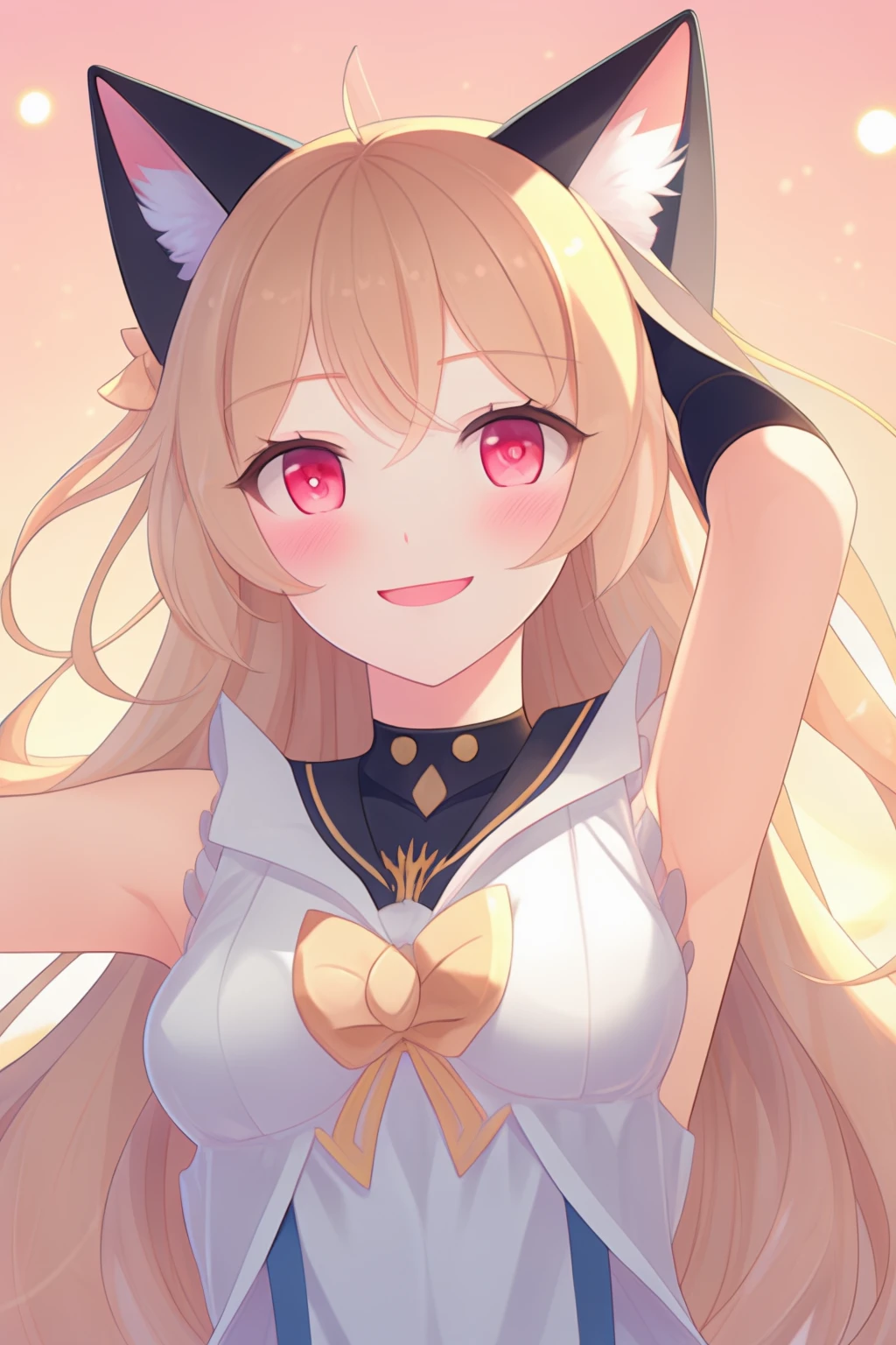 (extremely aesthetic, best quality, newest), 1girl, solo, cat ears, looking at viewer, blush, light smile, waving, upper body,