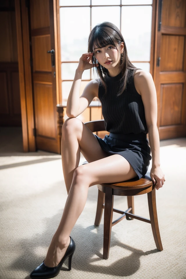 high quality、masterpiece、One Woman、Japanese、Glowing Skin、Thin thighs、Sit on a chair with your legs spread、Angle from below the table、I can see your feet、High heels、front