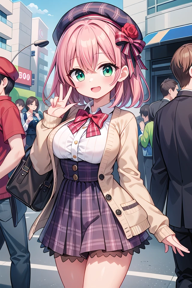 insanely detailed, absurdres, ultra-highres, ultra-detailed, best quality,
1 girl, solo, nice hands, perfect hands
BREAK
(vintage-inspired beret with flower pin:1.3), (navy and red plaid dress:1.5), (golden buttons down the front:1.2), (ivory blouse with ruffle detailing and red bow tie:1.4), (peach cardigan with cable knit pattern:1.3), (black tights:1.1), (red Mary Jane shoes:1.2)
BREAK
laugh, open mouth, wavy mouth,
cute pose, cowboy shot, looking at viewer
BREAK
slender, kawaii, perfect symmetrical face, ultra cute girl, ultra cute face, ultra detailed eyes, ultra detailed hair, ultra cute, ultra beautiful,
BREAK
in harajuku, shibuya, tokyo, street, crowd, cityscape,
large breasts
BREAK
(pink medium hair, dark green eyes), hair between eyes