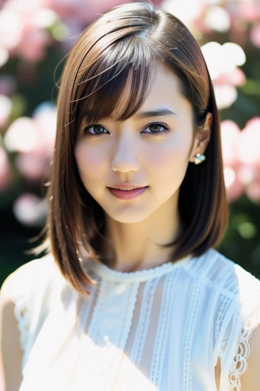 1girl,(RAW photo, best quality), (realistic, photo-realistic:1.4), masterpiece, an extremely delicate and beautiful, extremely detailed, 2k wallpaper, Amazing, finely detail, extremely detailed CG unity 8k wallpaper, ultra-detailed, highres, soft light, beautiful detailed girl, extremely detailed eyes and face, beautiful detailed nose, beautiful detailed eyes,cinematic lighting,perfect anatomy,slender body,
wearing a white peplum dress,white skirt(bokeh:1.2),
at a flower park,sakura flowers,flower garden,
<lora:manoerina_lora:0.8>,smiling