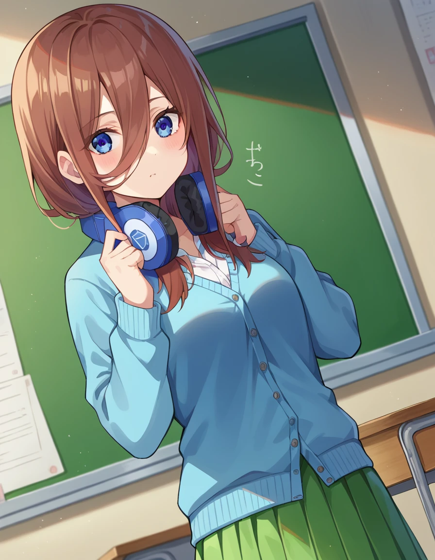 score_9, score_8_up, score_7_up, source_anime,
mikunakano, <lora:miku-nakano-pruned-ponyxl-lora-nochekaiser:1>, 
miku nakano, long hair, bangs, blue eyes, brown hair, shirt, hair between eyes, headphones, cardigan, headphones around neck,
skirt, shirt, long sleeves, white shirt, pantyhose, pleated skirt, black pantyhose, cardigan, green skirt, blue cardigan,
indoors, classroom, 
looking at viewer, cowboy shot, dutch angle,
