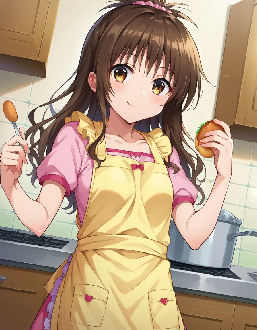 score_9, score_8_up, score_7_up, source_anime,
mikanyuuki, <lora:mikan-yuuki-ponyxl-lora-nochekaiser:1>,
mikan yuuki, brown eyes, brown hair, hair ornament, hair scrunchie, long hair, pink scrunchie, scrunchie, smile,
apron, blouse, collarbone, layered skirt, pink shirt, shirt, short sleeves, skirt, yellow apron,
indoors, kitchen, food,
looking at viewer, cowboy shot, dutch angle, dynamic pose,