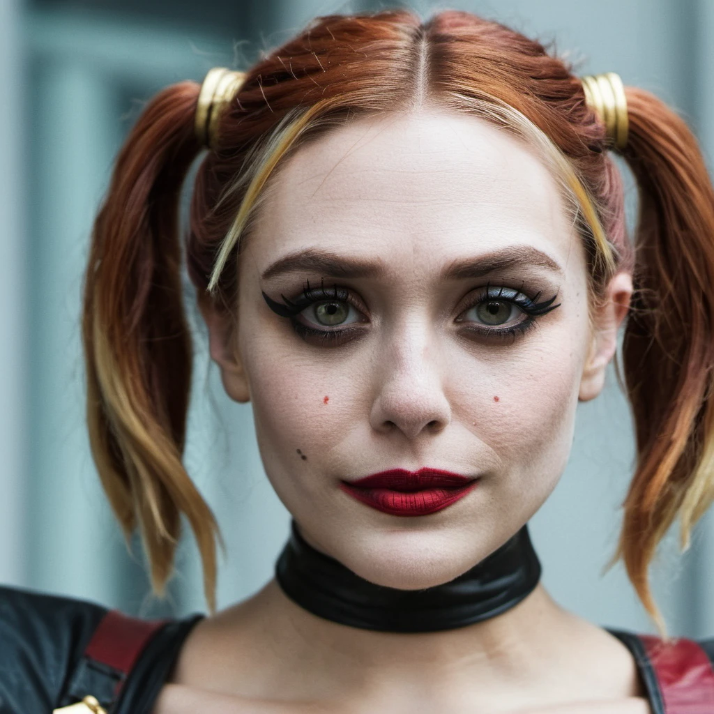 High res closeup portrait photo of an actress dressed as Harley Quinn, f /2.8, Canon, 85mm,cinematic, high quality, skin texture, looking at the camera,   <lora:eliolsen_v4_xl_4_standard_wo_cap_merger_31_45_86_03_03_04:1>