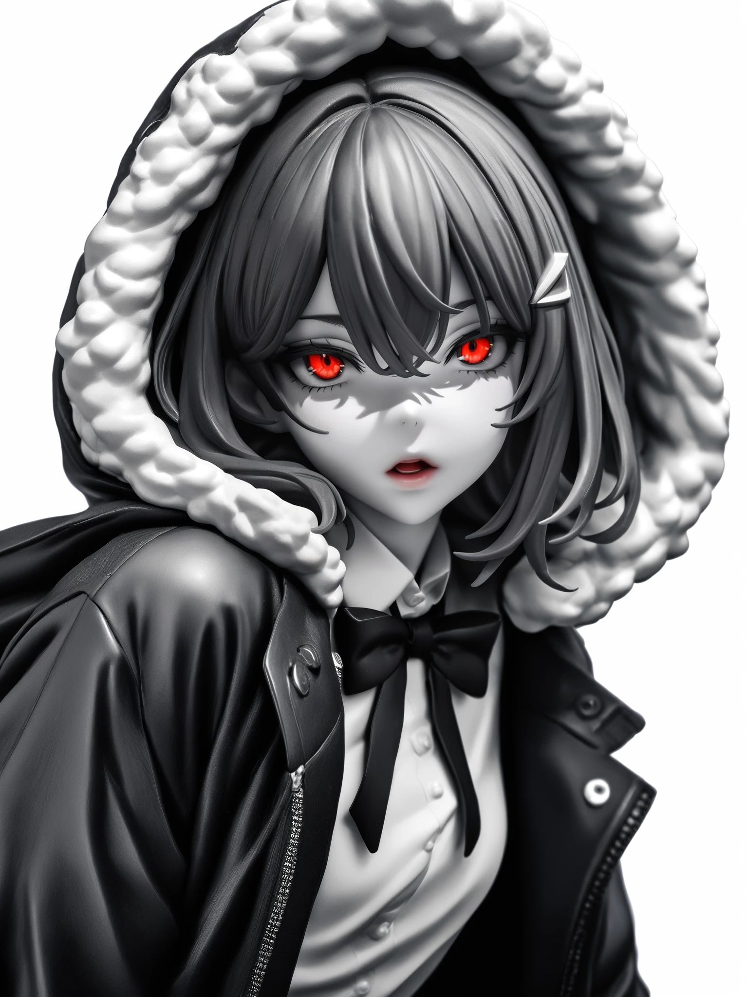 <lora:xl_figure style(kohaku_Delta)4-000005:1>,figure style,photorealistic,photo,1girl, solo, hair ornament, hood, hairclip, bow, shirt, looking at viewer, white background, fur trim, eyebrows visible through hair, spot color, simple background, monochrome, collared shirt, hood up, bangs, short hair, bowtie, jacket, greyscale, upper body, fur-trimmed hood, shaded face, hair between eyes, open mouth, parted lips, dress shirt, hooded jacket, masterpiece,best quality,