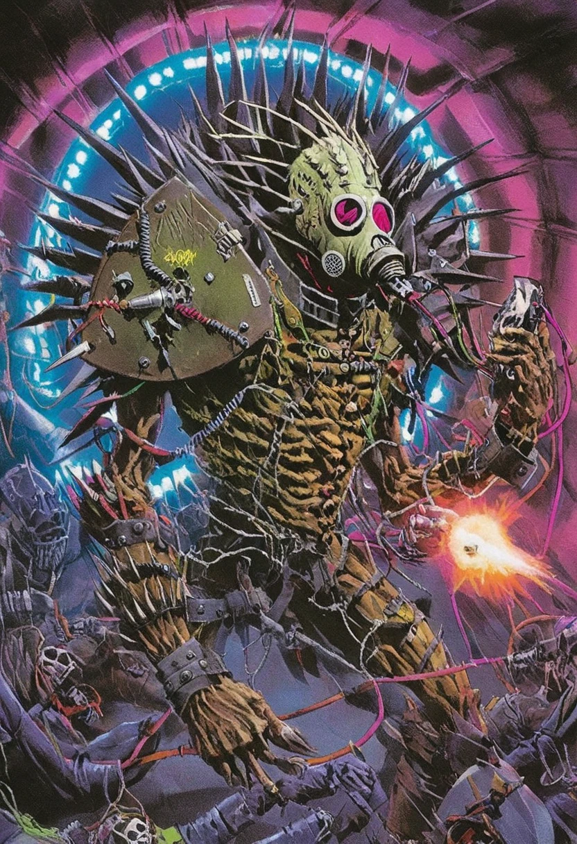 phyrexian, a biomechanical humanoid monster,spikes,armor plates,holding shield,in tunnel, <lora:PhyrexianStyleXL:0.8>,gas mask,cables,arm cannon,neon colors