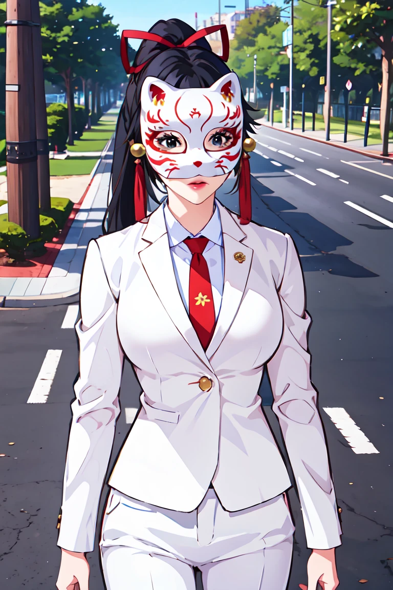 mitsuki soma, 1girl, solo, (fox mask, bells), black eyes, red lips, ponytail, black hair, long hair, white shirt, collared shirt, white pants, white jacket, white suit, red necktie, hair ribbon, upper body, outside, standing, park <lora:Mitsuki Soma6:0.85>