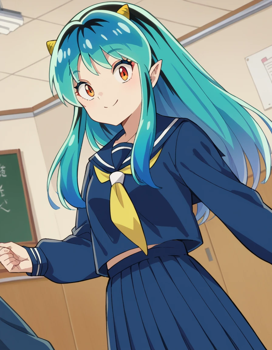 score_9, score_8_up, score_7_up, source_anime,
uruseiyatsuralum, <lora:lum-ponyxl-lora-nochekaiser:1>,
lum, long hair, bangs, blue hair, orange eyes, horns, pointy ears, aqua hair, oni horns, eyeshadow,
shirt, long sleeves, school uniform, serafuku, sailor collar, neckerchief, yellow neckerchief, shirt, blue shirt, blue sailor collar, blue skirt,
indoors, classroom, flying, smile,
looking at viewer, cowboy shot, dutch angle,