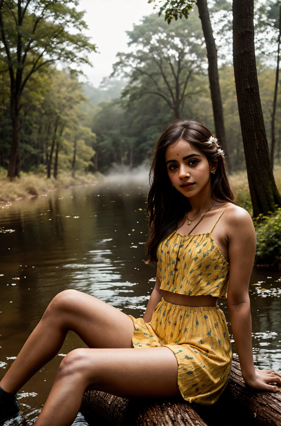 tv_Mandip_Gill_A, , calm expression, wearing a colorful sundress, sitting on a log at a misty forest pond, golden hour, shot from the side,, (((epic-Ultra-HD-details, epic-Ultra-HD-highlights, upscaled-resolution, optimal)))