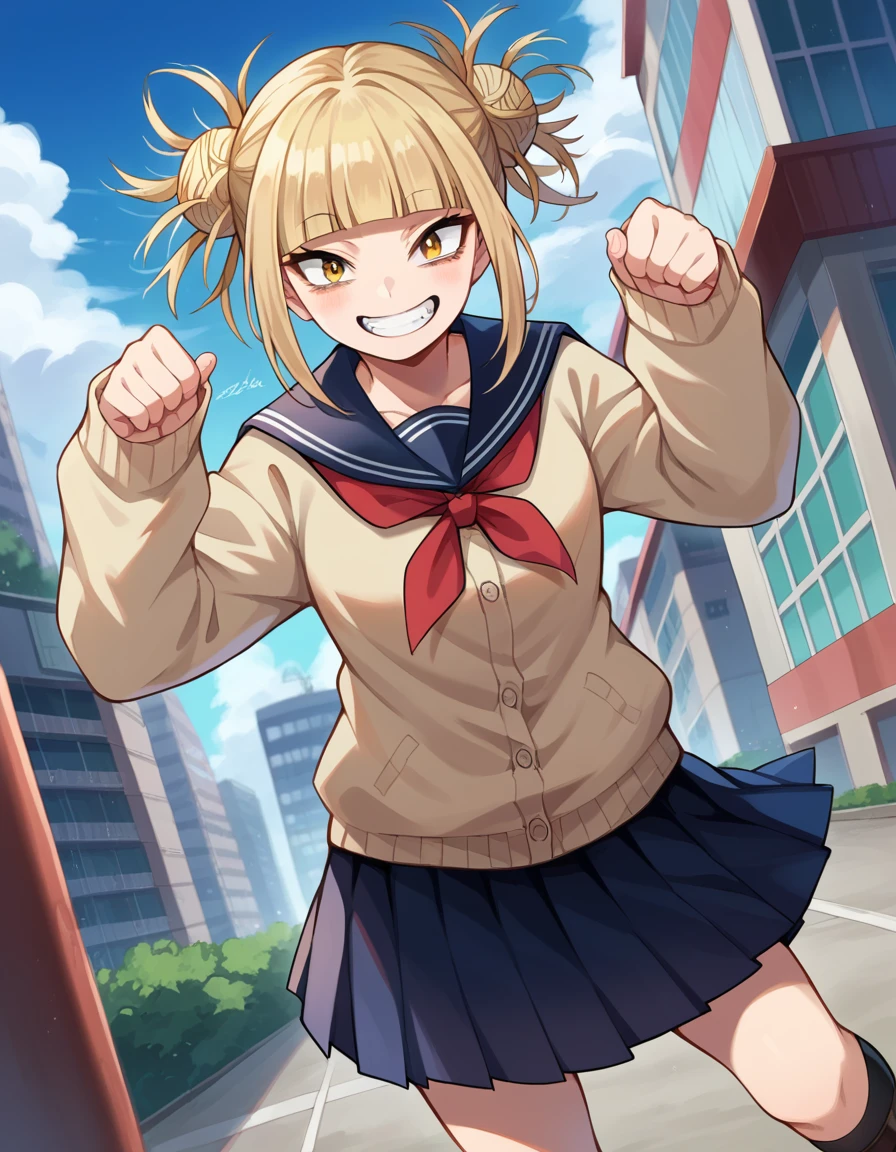 score_9, score_8_up, score_7_up, source_anime,
himikotoga, <lora:himiko-toga-ponyxl-lora-nochekaiser:1>,
himiko toga, bangs, blonde hair, yellow eyes, blunt bangs, hair bun, double bun, messy hair, smile, grin,
skirt, long sleeves, school uniform, pleated skirt, shoes, serafuku, socks, sailor collar, blue skirt, neckerchief, kneehighs, brown footwear, cardigan, black socks, loafers, red neckerchief, yellow cardigan,
outdoors, cityscape,
looking at viewer, cowboy shot, dutch angle, dynamic pose,