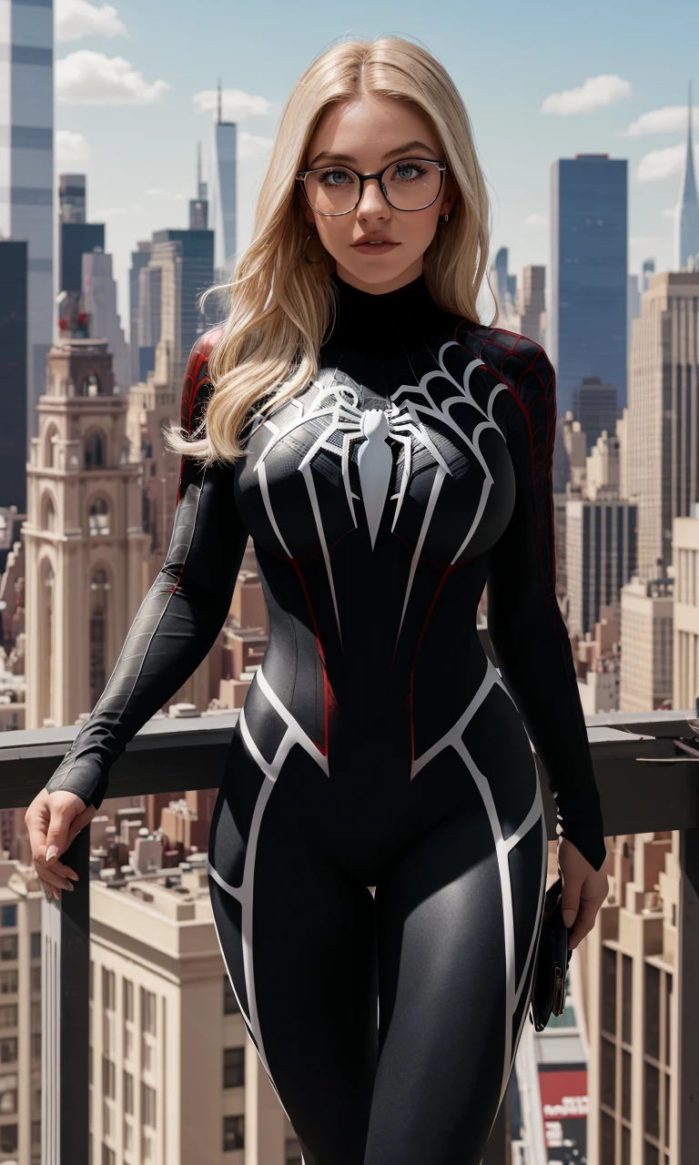 sydswe2024, 1girl, blonde hair, photorealistic, best quality, masterpiece, raw image, depth of field, on top of building, new york skyline, black suit, white trimming, spider woman, skintight suit, white spider symbol, nerdy glasses, 5 fingers,