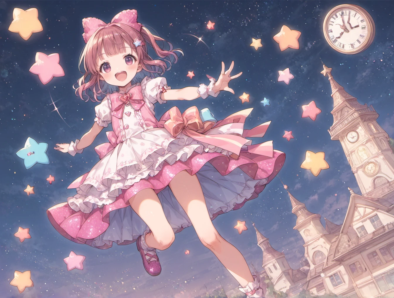 score_9, score_8_up, score_7_up,source_anime,BREAK 1girl,(colorful:1.2),Magical Girl , ((yumekawa,yumekawaii)),pastel colors, dynamic pose, dynamic angle,wonderland,Gothic decoration,sticker style,heart item,star item,ribbon,symbolic, conspicuous,(star glitter and hart glitter:1.5),(kawaii town at night:1.5),(big clock tower:1.2),(Meteor shower,star and hart effect:1.3),