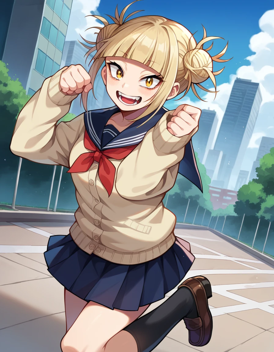 score_9, score_8_up, score_7_up, source_anime,
himikotoga, <lora:himiko-toga-ponyxl-lora-nochekaiser:1>,
himiko toga, bangs, blonde hair, yellow eyes, blunt bangs, hair bun, double bun, messy hair, smile, open mouth,
skirt, long sleeves, school uniform, pleated skirt, shoes, serafuku, socks, sailor collar, blue skirt, neckerchief, kneehighs, brown footwear, cardigan, black socks, loafers, red neckerchief, yellow cardigan,
outdoors, cityscape,
looking at viewer, cowboy shot, dutch angle, dynamic pose,