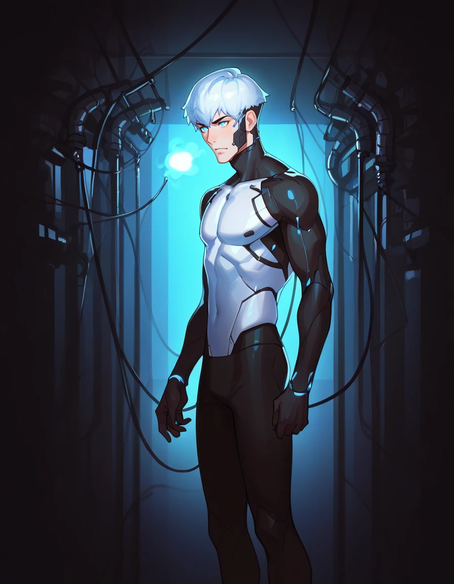 score_9, score_8_up, score_7_up, score_6_up, score_5_up, score_4_up, source_anime, BREAK <lora:Ilya_Kuvshinov_Artist_Style_ponyXL-000011:1> solo, android male,pale_skin, short_hair, white_hair,blue_eyes, standing, glowing_eye, incubation vat, steam, cables in the _background