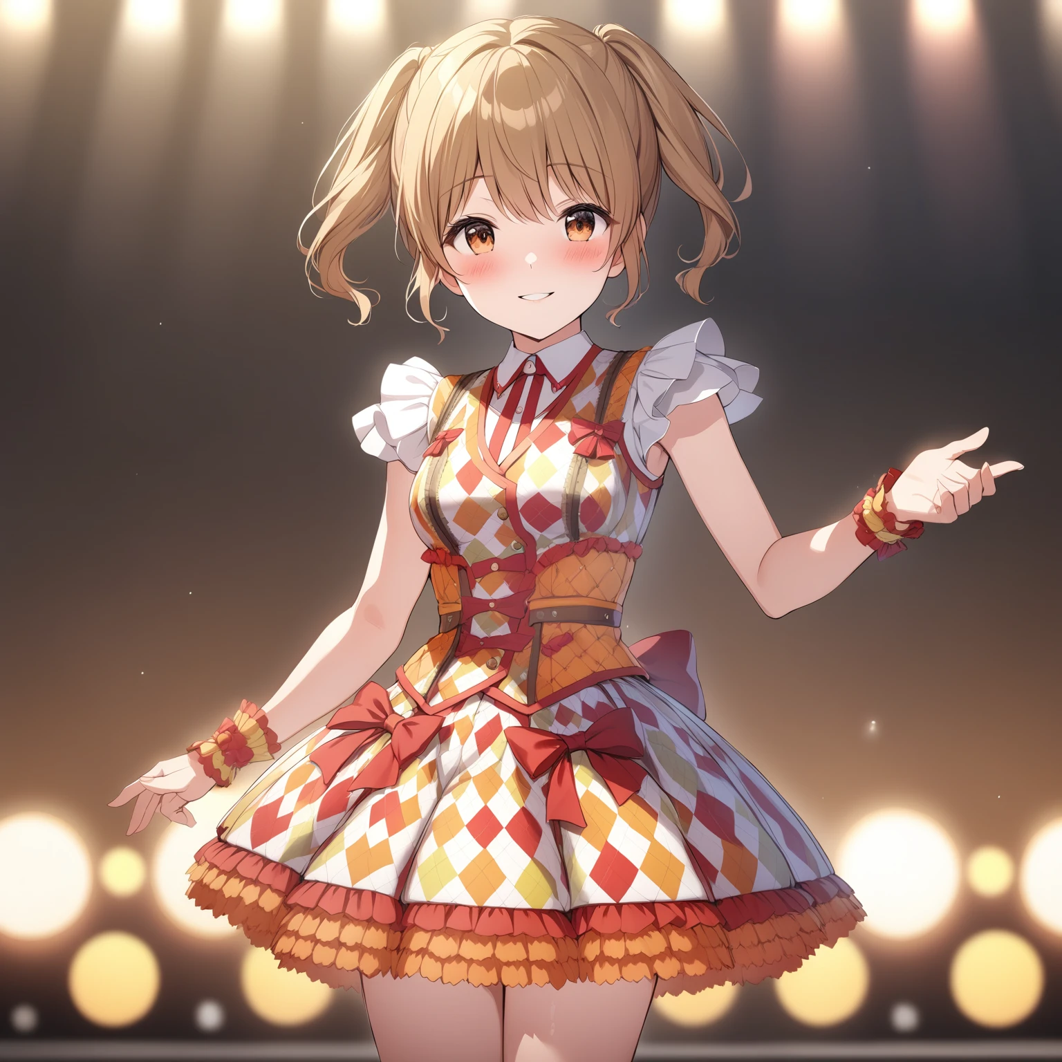 [high quality, best quality], [cinematic], 1girl, solo, kawasaki sakura, idol costume, smile, blush, on stage, [bloom, hdr], <lora:skr:0.72>