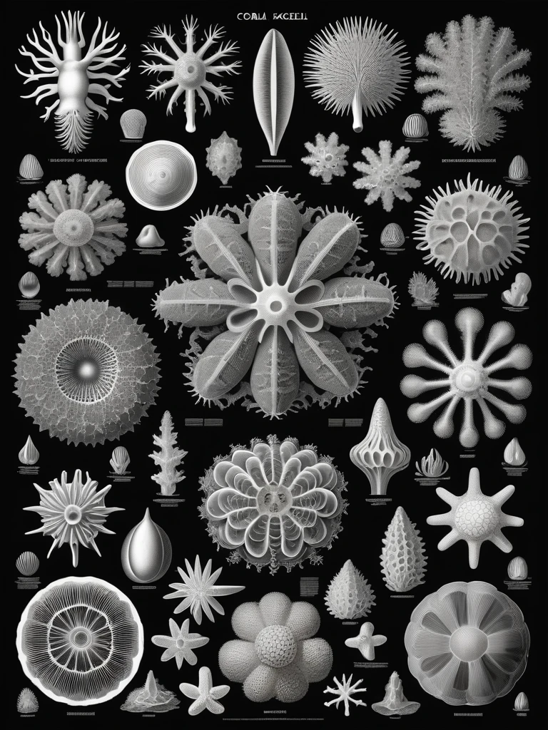 Art Forms in Nature, coral, intricate, detailed, biology, biology diagram, poster, artforms in nature, ernst haeckel, masterpiece, grayscale, art, symmetry <lora:Artforms in Nature - Ernst Haeckel:1>