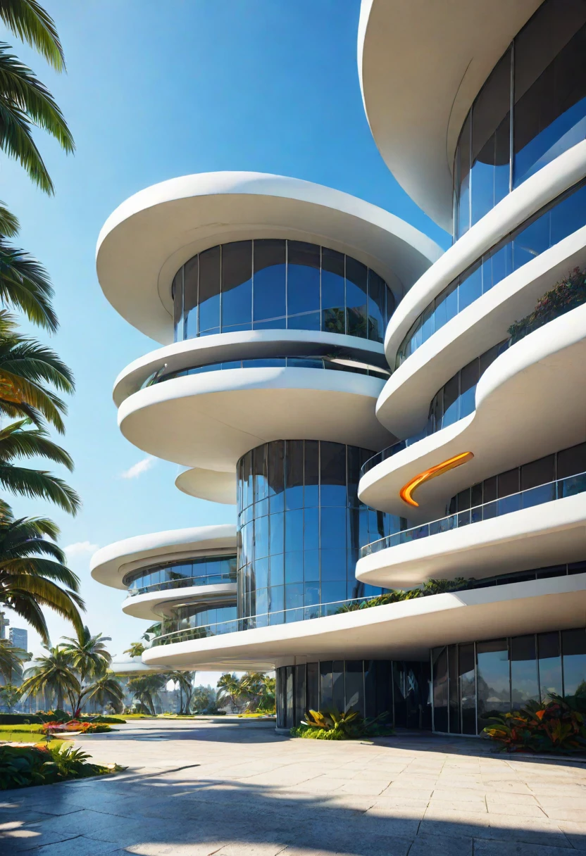 highly detailed futuristic architecture by Oscar Niemeyer, ground-level view, stunning sunny lighting, vivid colors, trending on artstation, 8k, matte painting, ray tracing, hyper detailed, unreal engine, cinematic, epic lighting, cryengine, octane render, vibrant