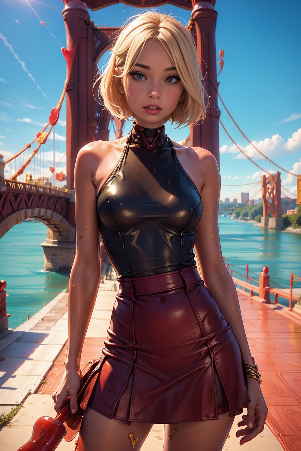 <lora:WaxWorld:1> (WaxWorld:1.2) (1woman blonde:1.2) (long complete swimsuit + skirt :1.3) (near the bridge:1.5)