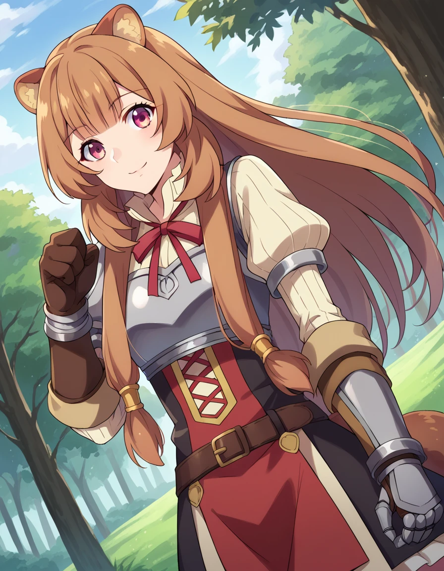 score_9, score_8_up, score_7_up, source_anime,
raphtalia, <lora:raphtalia-ponyxl-lora-nochekaiser:1>,
raphtalia, long hair, bangs, brown hair, animal ears, raccoon ears, raccoon tail, raccoon girl, pink eyes, smile,
long sleeves, sweater, ribbed sweater, puffy sleeves, breastplate, ribbon, red ribbon, gauntlets, glove, brown gloves, belt, skirt, armor,
outdoors, forest, nature,
looking at viewer, cowboy shot, dutch angle, dynamic pose,