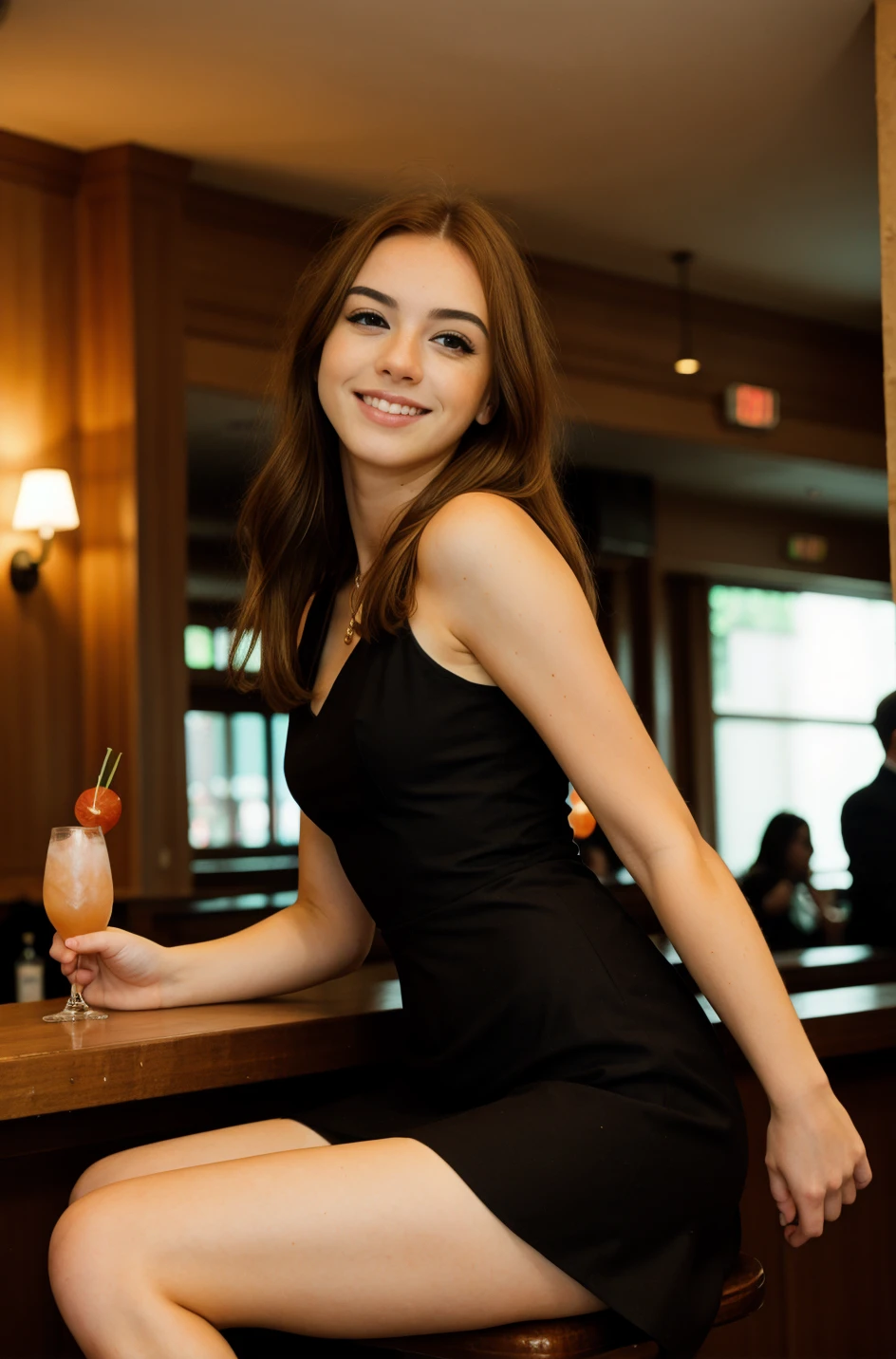 tv_Siobhan_MXAI, , happy expression, wearing an elegant cocktail dress, sitting on a barstool in a crowded cocktail bar, ((full body shot)), low angle shot, shot from the side,, (((epic-Ultra-HD-details, epic-Ultra-HD-highlights, upscaled-resolution, optimal)))