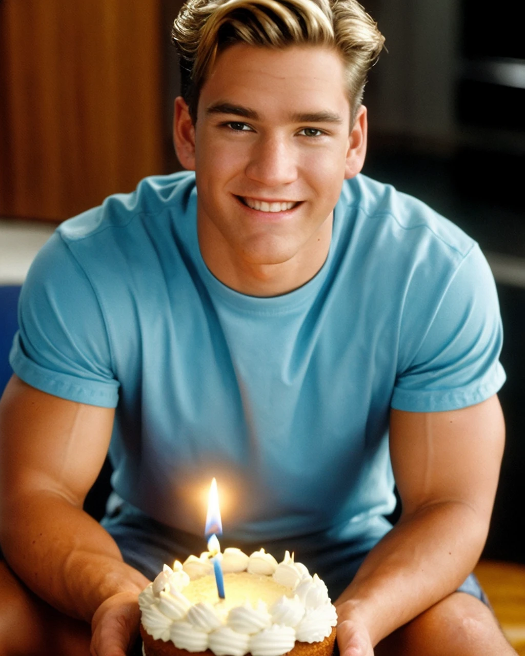 8k HD RAW high resolution photo of zmorris <lora:zmorris-v1:0.8>, upper body ,slim muscled, (subtle smile:0.5), (look at viewer:1.5), , , best quality, highly detailed, ultra-detailed, photorealistic, sitting, blowing candles on a cake
