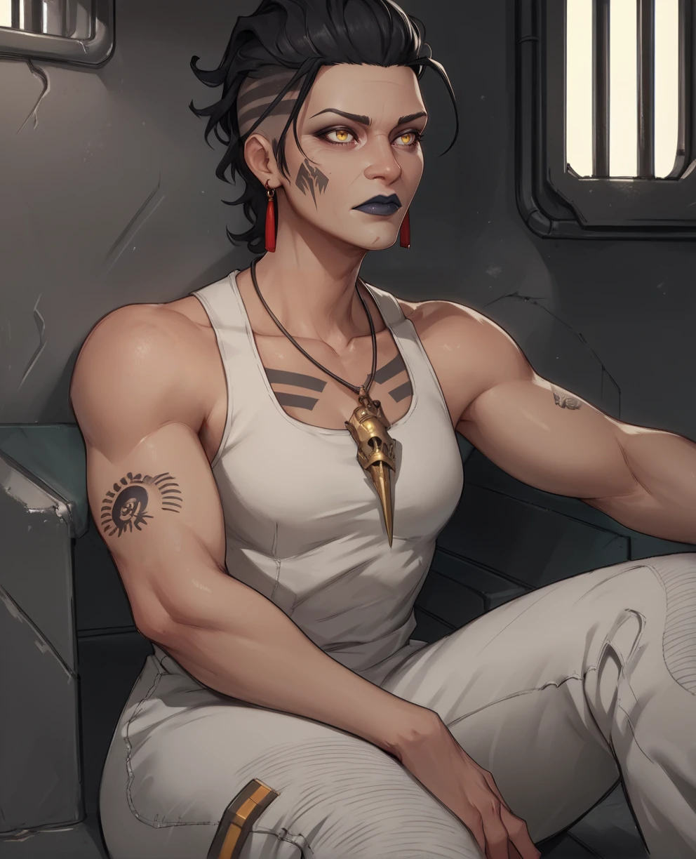 score_9,score_8_up,score_7_up,
MadMaggie,hair slicked back,yellow eyes,right cheek tattoo,chest tattoo,black hair,black shoulder tattoo,
white shirt,sleeveless,
white shirt,red earrings,necklace,
sitting,
prison cell,science fiction,
<lora:MadMaggie:1>,