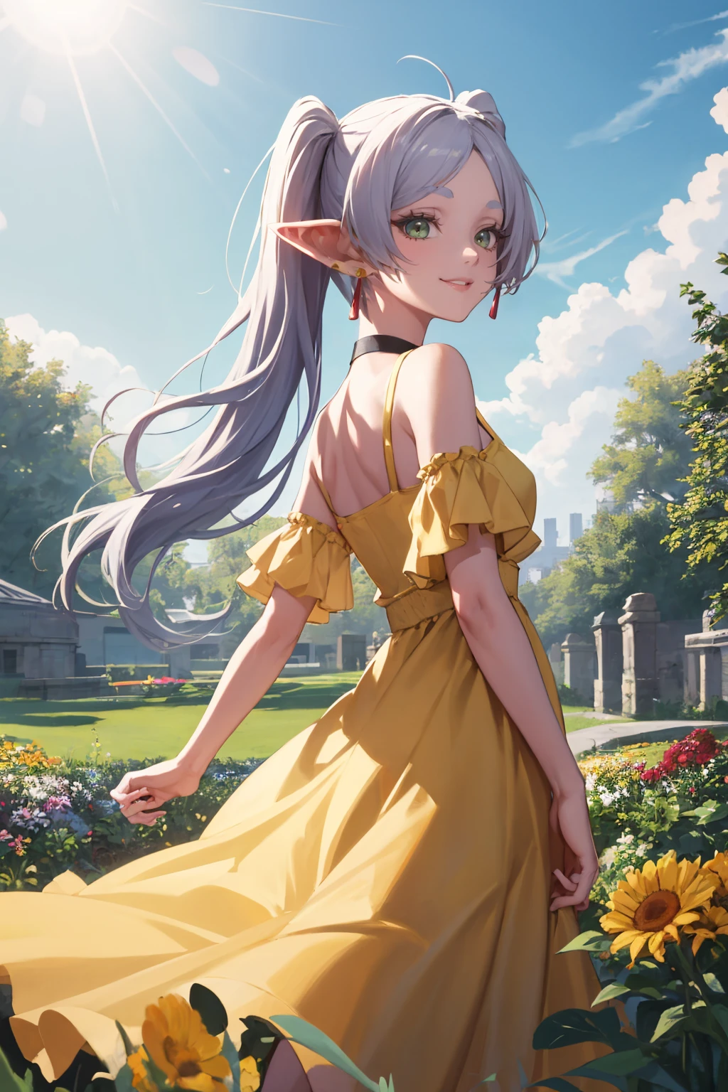 score_9, score_8_up, source_anime, 1girl, solo, Frieren, green eyes, white hair, long hair, twintails, earrings, from behind, yellow sundress, garden, day, sunshine, smile, looking back, <lora:ChamFrierenPonyXL:1>
