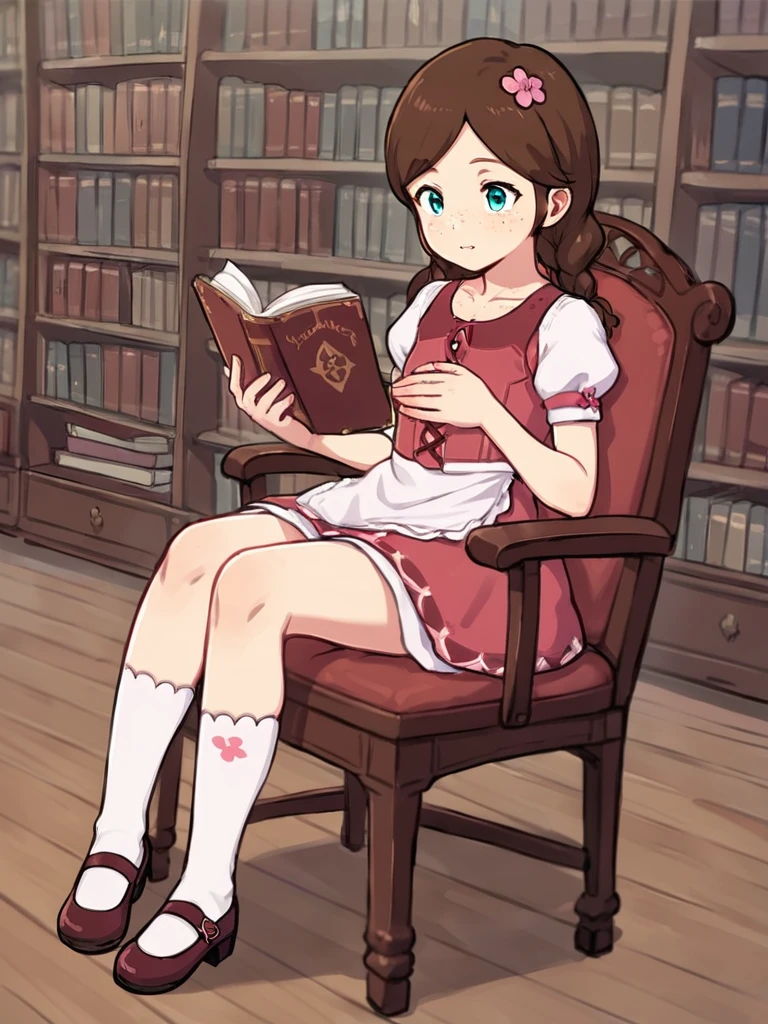 score_9, score_8_up, score_7_up, score_6_up, score_5_up, source_anime BREAK
<lora:Genshin_NPC_EllaMusk_Pony_v1:0.75>, 1girl, solo, full body, pov, (huge library, piles of books, surrounded by books, bookshelves, holding a book, sitting on an antique chair:1.5), teal eyes, brown hair, swept bangs, twin braids, (hair flower, hair ornament:1), collarbone, pink dress, flower pattern, short sleeves, white sleeves, (white apron:1.1), puffy sleeves, white socks, bobby socks, brown footwear, (mary janes:1.5), (freckles on cheeks and nose:1.3), (tareme:1.5), expressionless, from side,