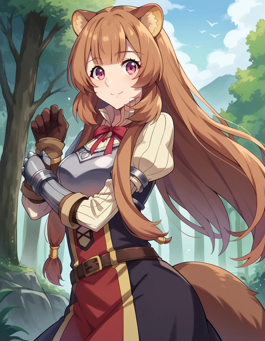score_9, score_8_up, score_7_up, source_anime,
raphtalia, <lora:raphtalia-ponyxl-lora-nochekaiser:1>,
raphtalia, long hair, bangs, brown hair, animal ears, raccoon ears, raccoon tail, raccoon girl, pink eyes, smile,
long sleeves, sweater, ribbed sweater, puffy sleeves, breastplate, ribbon, red ribbon, gauntlets, glove, brown gloves, belt, skirt, armor,
outdoors, forest, nature,
looking at viewer, cowboy shot, dutch angle, dynamic pose,